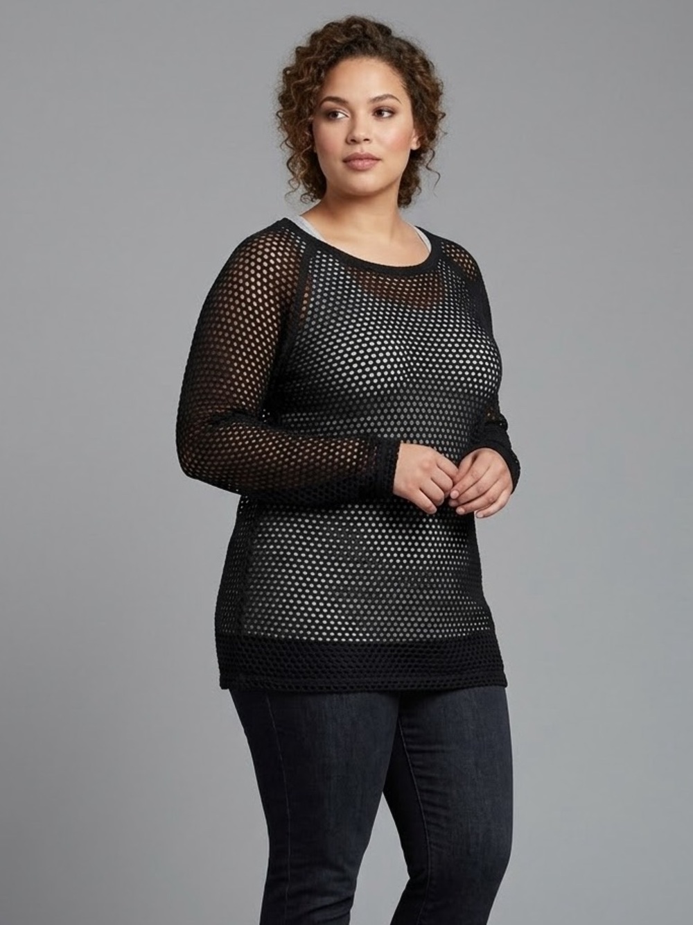 bobeau Black Open-Knit Scoop Neck Sweater Size Large